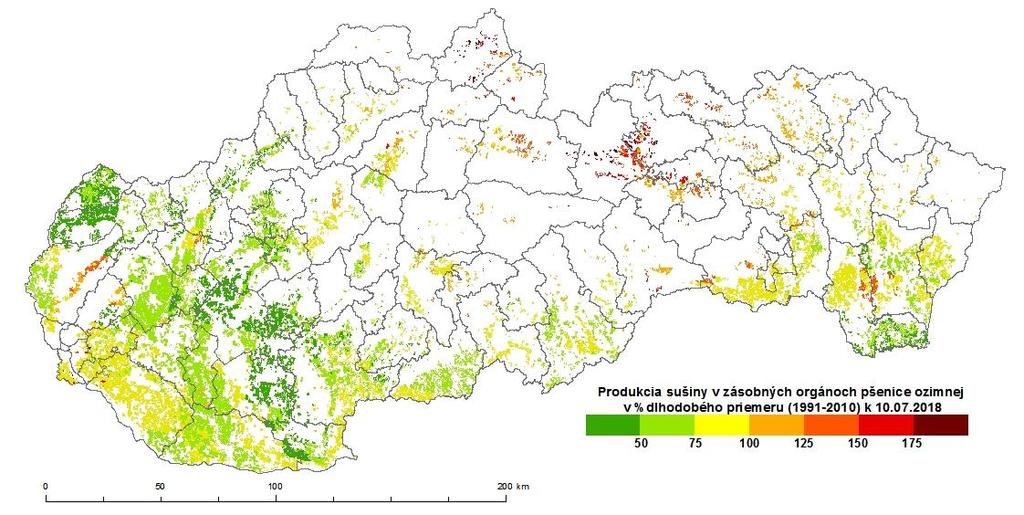 Obr. 8 Simulovaný vegetačný index vodou limitovaná celková produkcia biomasy zásobných orgánov (interpretovaný ako percento dlhodobého priemeru) k 10. 7. 2018 pre porast pšenice ozimnej Obr.
