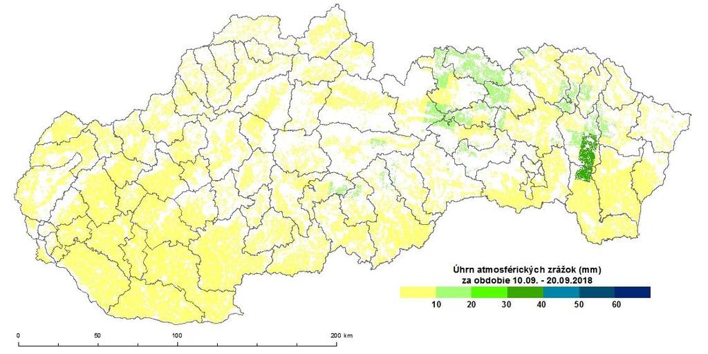 Úhrn atmosférických zrážok v druhej dekáde septembra sa na území Slovenska bol vyrovnaný s hodnotami do 10 mm, miestami na strednom a severovýchodnom Slovensku to bolo do 20 mm a lokálne na východnom