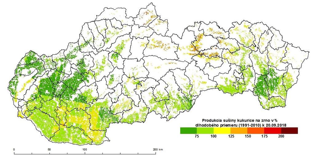 Obr. 7 Simulovaný vegetačný index vodou limitovaná celková produkcia biomasy (interpretovaný ako percento dlhodobého priemeru) k 20. 9.