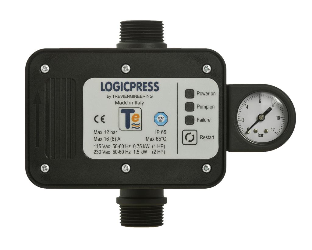 TLAKOVÝ SPÍNAČ LOGICPRESS LOGICPRESS je elektronický tlakový spínač s manometrom disponujúci ochranou proti behu na sucho a ochranou proti zaseknutiu.
