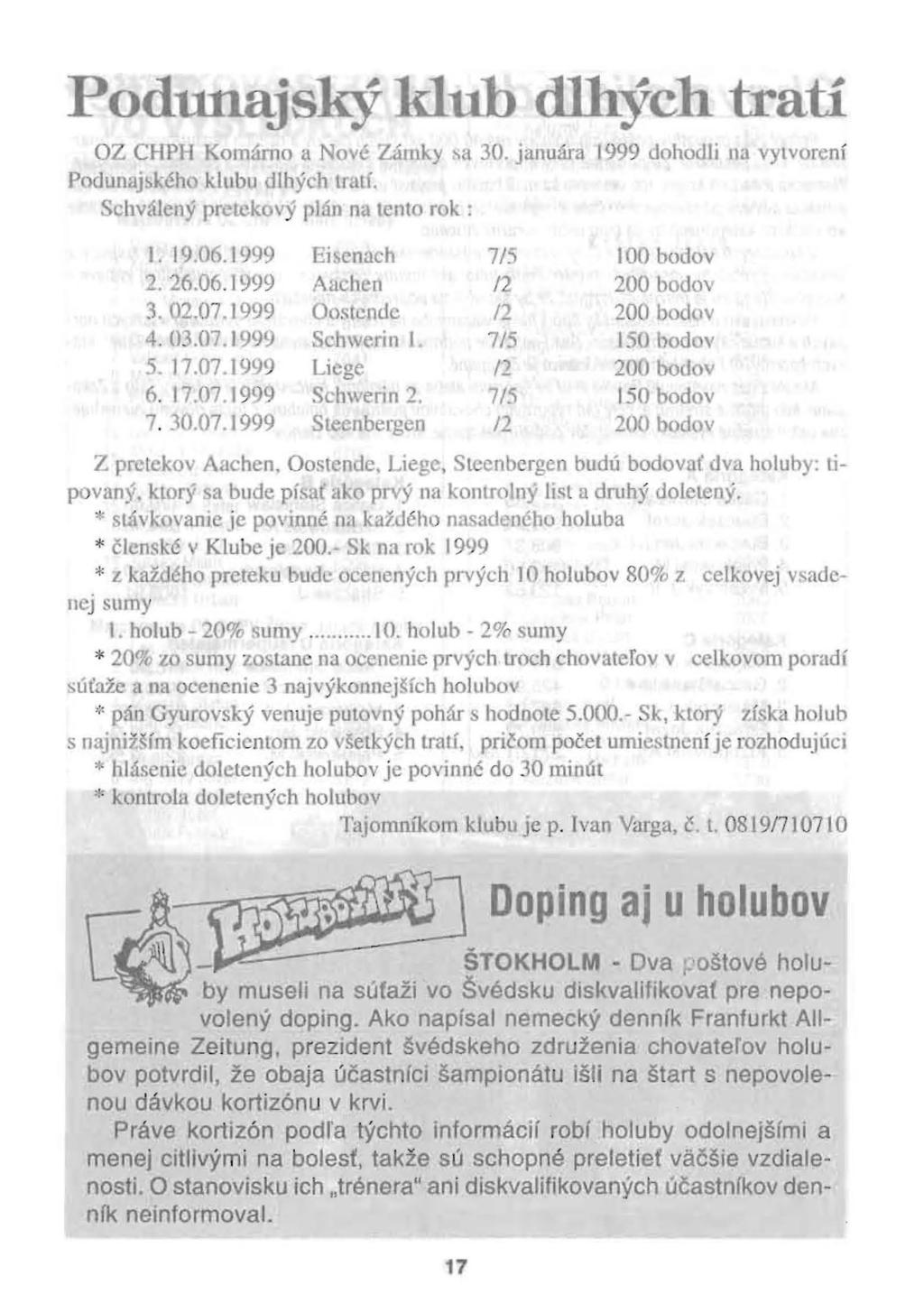 Podunajský klub dlhých tratí OZ CHPH Komárno a Nové Zámky sa 30. januára 1999 dohodli na vylvorení Podunajb~éh klubu dlhých tratí. chválený prdck vý plán na tento rok: J. 19.06.