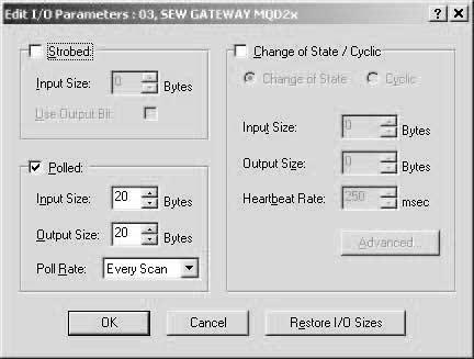 SEW Gateway MFDx). Kliknite v zozname dvakrát na zariadenie, pri ktorom chcete nastavit dĺžku PD. Otvorí sa okno vstupných a výstupných parametrov.