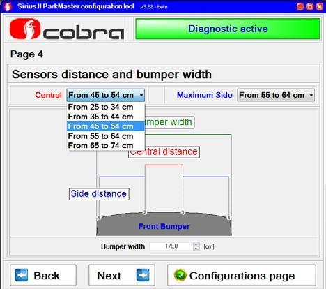 Konfigurácia FRONT Vzdialenosť snímačov a šírka nárazníka V rozbaľovacom menu