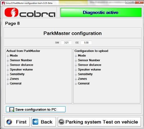Testovanie ParkMaster na vozidle Funkcia Otestovanie parkovacieho systému na vozidle vám umožňuje zobrazovanie funkčnosti systému v reálnom čase.