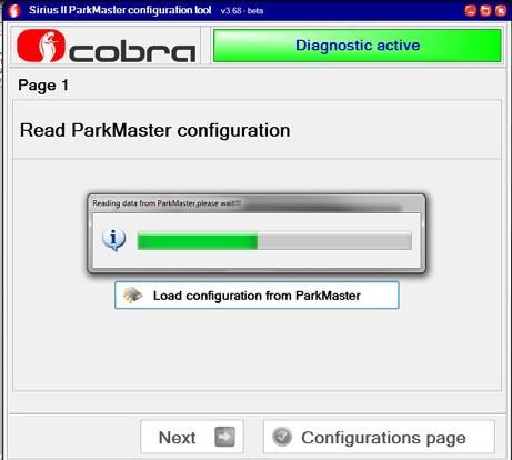 Ak sa nevyskytujú žiadne hlásenia o chybách, zobrazí sa " Configuration from ParkMaster read" (Konfigurácia z