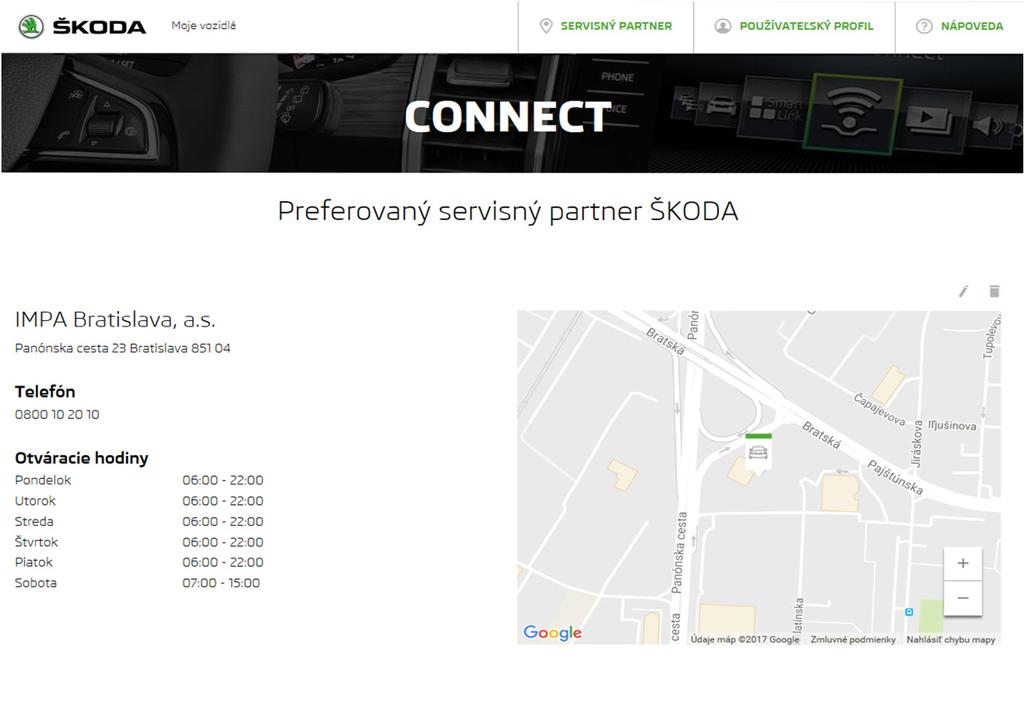 Portál Connect Výber preferovaného servisného partnera 3 Po potvrdení výberu preferovaného servisného partnera sa zobrazia informácie o zvolenom servisnom partnerovi.