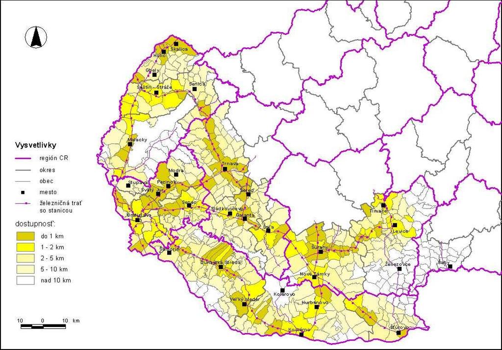 Mapa 6 Železničná dostupnosť obcí Zdroj: AUREX spol. s r.o., Pozn.