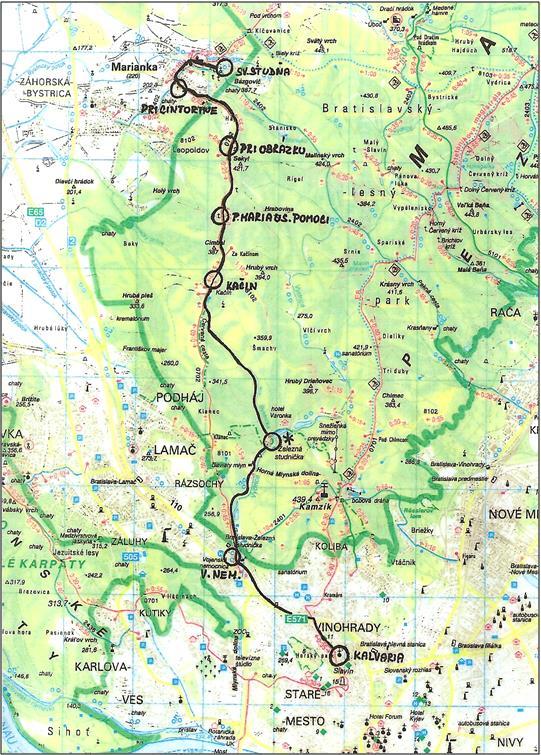 Mapa púte: Pútnické kilometre : Bratislavská Kalvária - Marianka = 15 km Vojenská nemocnica - Marianka = 13 km Železná studnička - bufet - Marianka