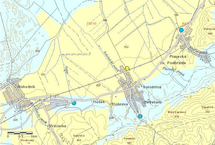 Sološnica na mape radónového rizika nízke (modré) a stredné (žlté) Rn riziko Mapportal ŠGDUŠ geofyzikálne mapy mapa