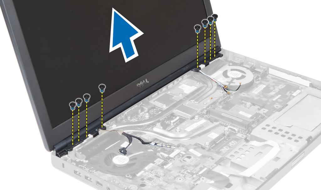Inštalácia zostavy displeja 1. Utiahnite skrutky, ktoré držia zostavu displeja na mieste. 2. Pripojte káble kamery a LVDS k správnym konektorom na systémovej doske. 3.