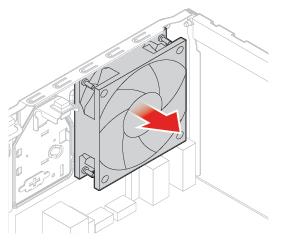 3. Vymeňte zadný ventilátor. Obrázok 131. Odstránenie zadného ventilátora Obrázok 132. Inštalácia zadného ventilátora 4. Pripojte kábel zadného ventilátora k systémovej doske. 5. Dokončite výmenu.
