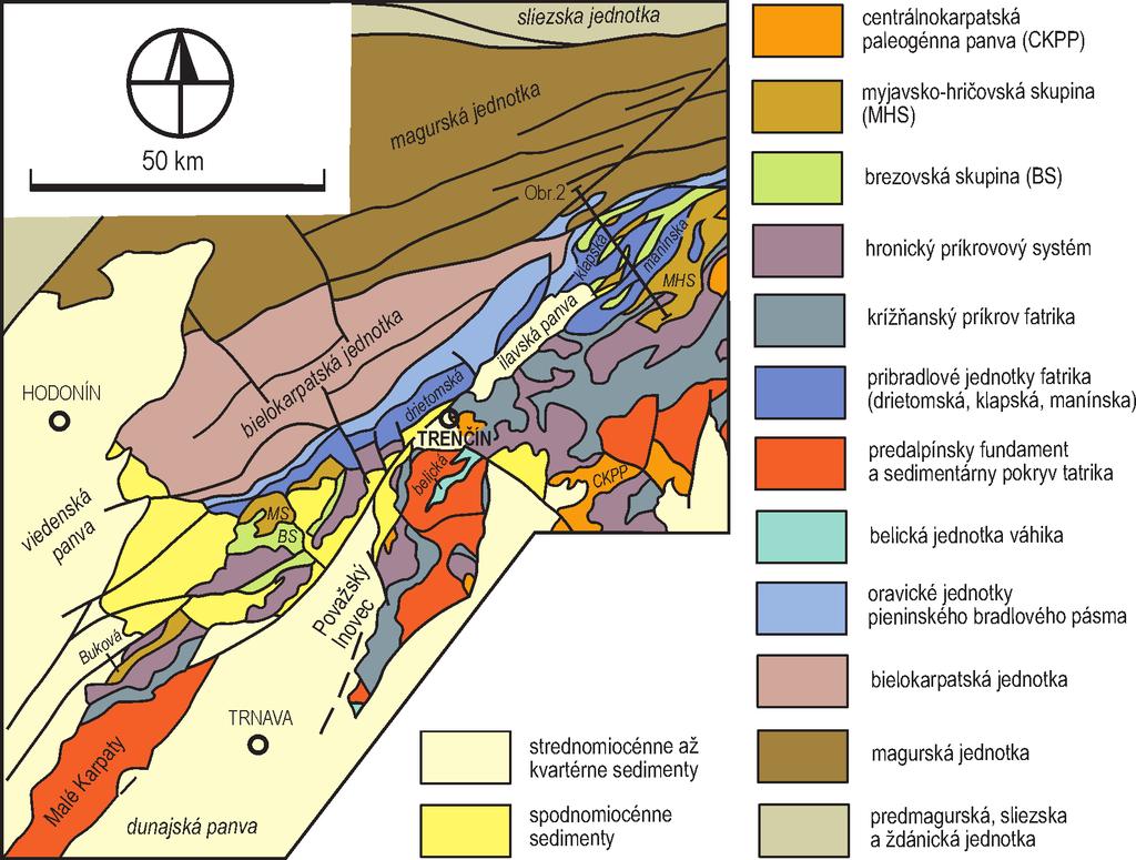 Obr. 1: Schematická mapa rozloženia hlavných tektonických jednotiek styčnej oblasti externých a centrálnych Karpát na západnom Slovensku a východnej Morave.