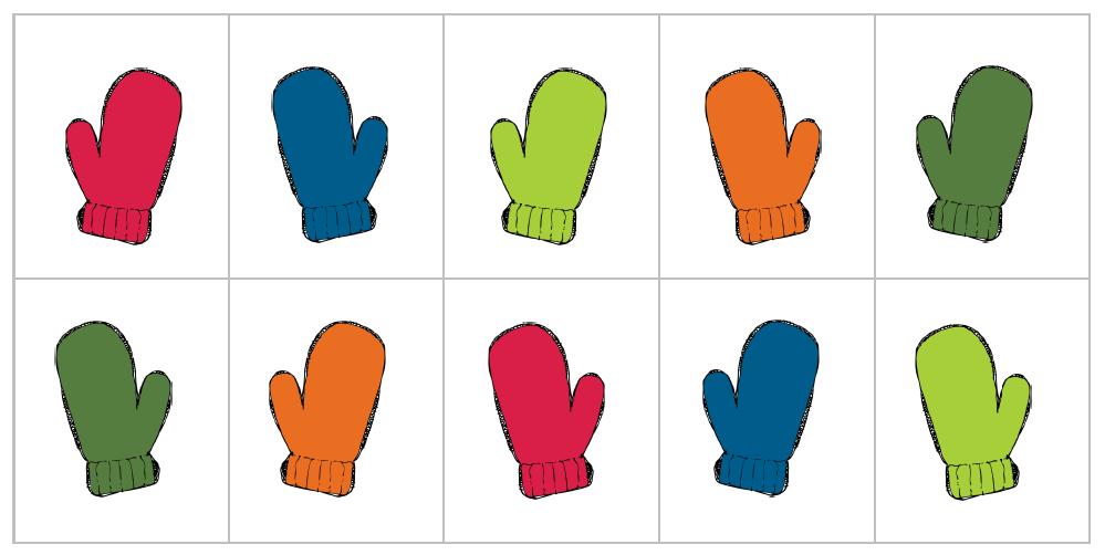 PRAVÁ A ĽAVÁ RUKAVICA Vystrihni rukavičky, ktoré vidíš dole. Potom ich roztrieď do dvoch skupín: pravé rukavice a ľavé rukavice.