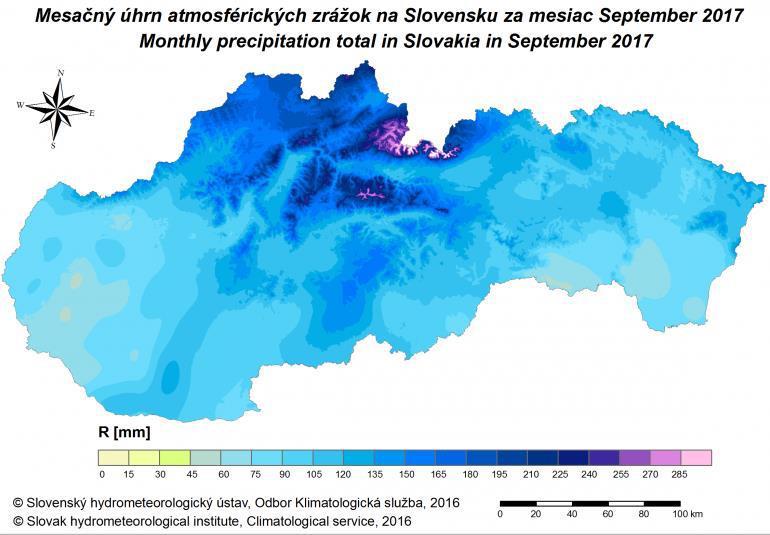 Obr. 1 Mesačný úhrn atmosférických zrážok na Slovensku v septembri 2017, zdroj: SHMÚ Na začiatku októbra prešlo našim územím niekoľko studených frontov, ktoré však nepriniesli výraznejšie úhrny