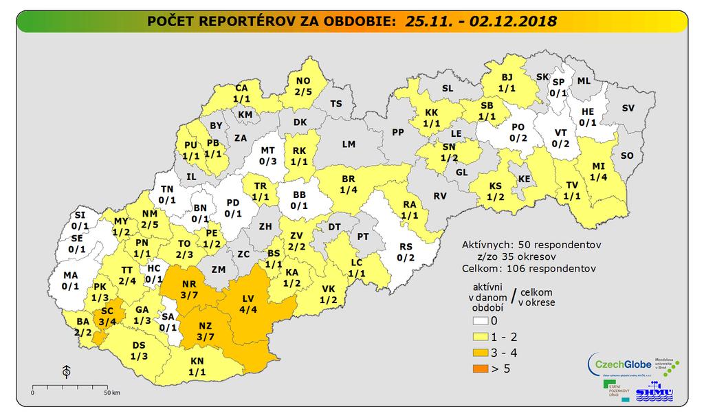 Produkty monitoringu sucha Aktuálny stav reportérov na Slovensku k decembru 2018 106 reportérov z 50 okresov