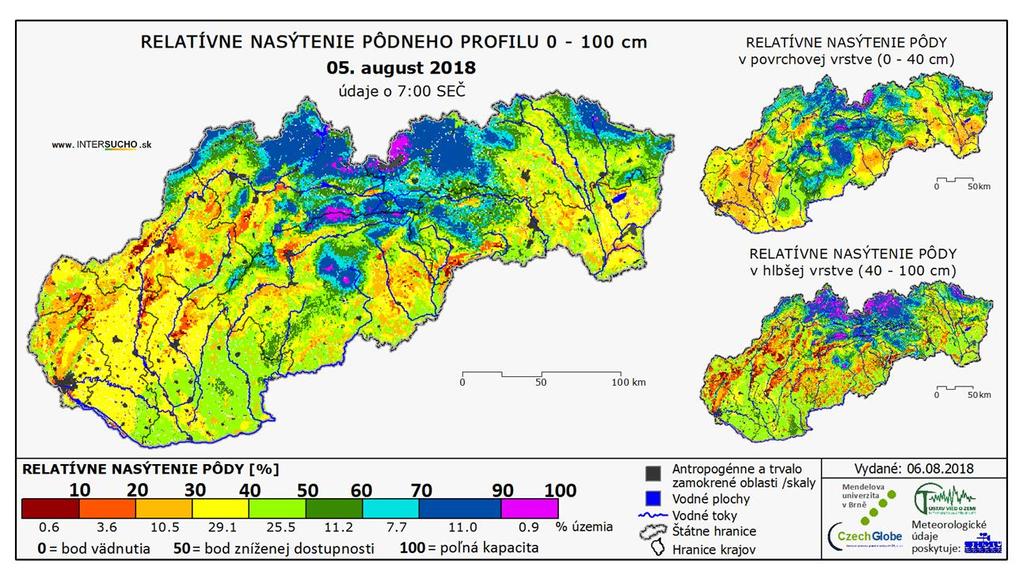 Sucho v roku 2018 relatívne nasýtenie pôdneho profilu pod 10 % na Záhorí a Považí, Pohroní, Turci (1,2 % celkovej plochy) najhoršia