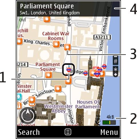 Zobrazenie mapy 1 Vybraná lokalita 2 Oblasť indikátora 3 Zaujímavý bod (napríklad železničná stanica alebo múzeum) 4 Informačná oblasť Zmena vzhľadu mapy Mapu si môžete prezerať v rôznych režimoch,