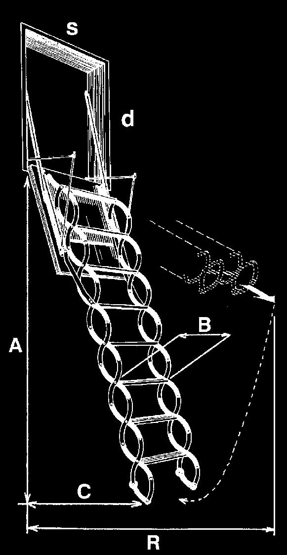 V tabuľke sú uvedené miery»c«a»r«pri odlišných výškách»«. C vzdialenosť od miesta položenia roztiahnutých schodov na podlahu ku koncu rámu.
