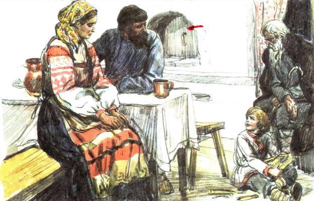 Старый дед и внучек (Лев Николаевич Толстой) Стал дед очень стар. Ноги у него не ходили, глаза не видели, уши не слышали, зубов не было. И когда он ел, у него текло назад изо рта.