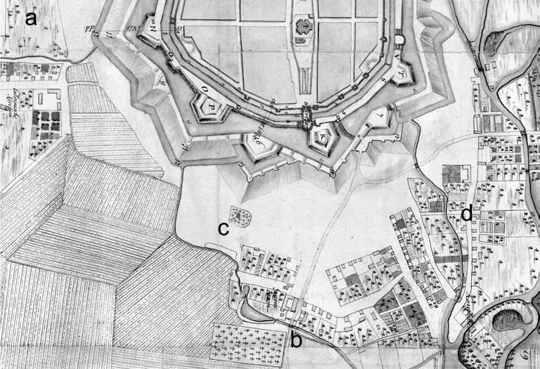 90 Obr. 1. Výsek z mapy Košíc z roku 1742 (Orosová/Žažová 2011, 60) s vyznačením doterajších i aktuálneho archeologického dokladu predmestského osídlenia.