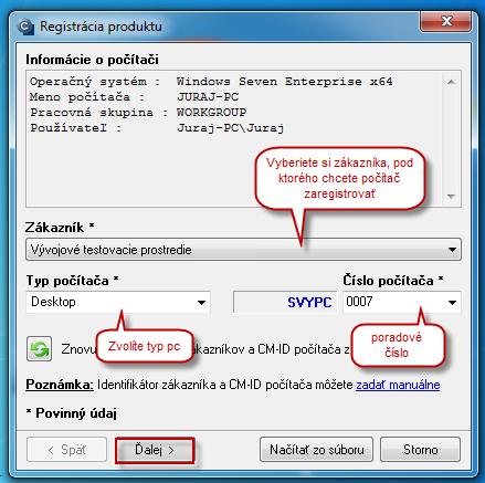Obrázok: Výber zákazníka, čísla počítača a typu počítača Od verzie 2.6 Customer Monitor ponúka pri registrácii prvé voľné CM-ID od určitého žiadaného čísla.