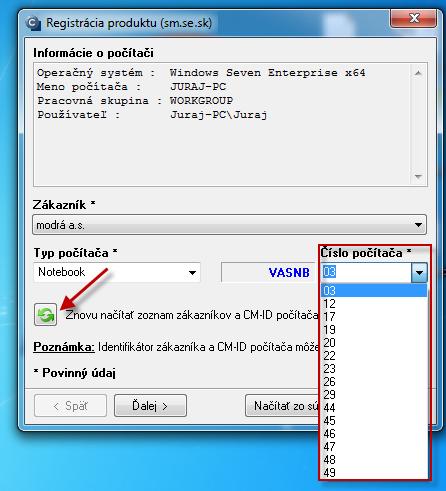 Obrázok: Pri registrácii ponuka prvého voľné CM-ID od určitého žiadaného čísla Popis jednotlivých políčok, ktoré treba vyplniť : Názov počítača v sieti automaticky doplnený podľa aktuálneho