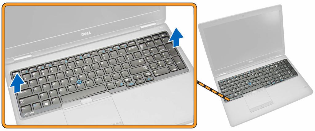 POZNÁMKA: Na vypáčenie rámu klávesnice z príslušných rohov budete potrebovať ostrý predmet. 3. Demontujte z klávesnice rám klávesnice.