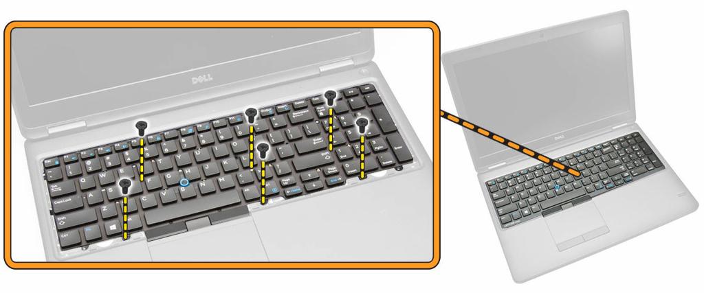 4. Odskrutkujte skrutky, ktoré upevňujú klávesnicu k počítaču. 5. Vyberte klávesnicu z počítača. Inštalácia klávesnice 1.