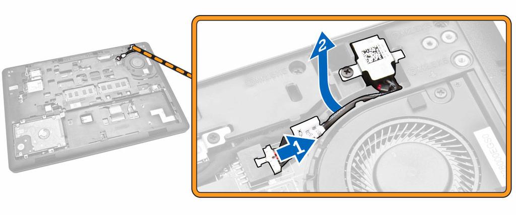 4. Vykonajte nasledujúce kroky: a. Odstránením skrutky uvoľnite kovový držiak na porte napájacieho konektora [1] [2]. b.
