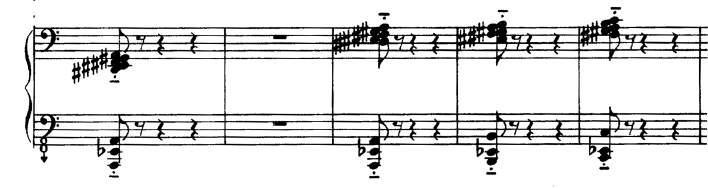 Godár: Sonáta na pamäť Viktora Šklovského, 1. časť, takty 32 37, klavírny part Príklad 11: V.