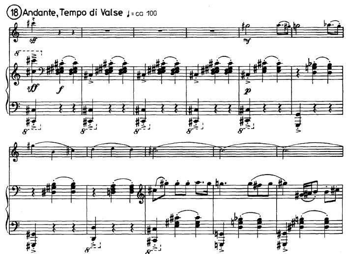 304 Eva Ferková Príklad 15: Valčíkový motív a jeho varírovaná verzia v klavíri Ďalší výrazový a štylistický kontrast prináša tranformácia