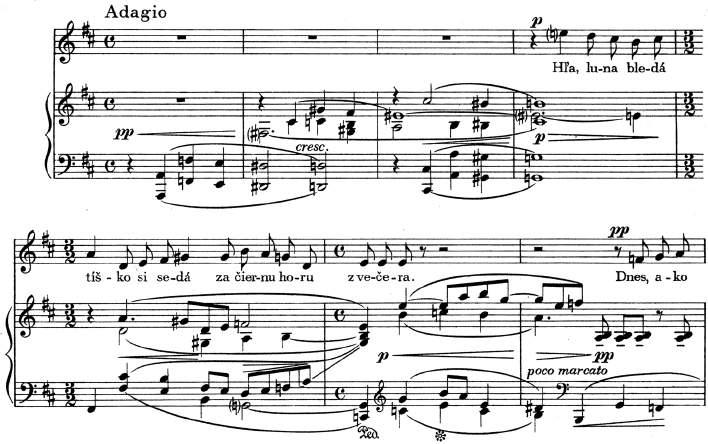 Stúpajúca melódia sa v druhom diele objavuje v inverznej podobe a v klavíri sa tu podobne ako v Balade s motívom zvona objavuje zvukomalebný prvok znázorňujúci škrekot žiab, o ktorom hovorí text.