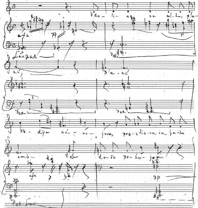 Štúdie 319 Príklad 11: Tadeáš Salva: Nox et solitudo. Partitúra, 1959, s. 7, t. 1 8. nálne dielo. Salvova skladba vo forme :ab: opäť nemá tempové predznamenanie.
