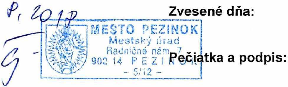 Pezinok (pare. č. 1558, 1559/1, 1559/2, kat. úz. Pezinok). Na stavbu bolo Mestom Pezinok vydané územné rozhodnutie pod zn.: 5/72-ÚR/51-36042/2017-18 dňa 05.05.2018.