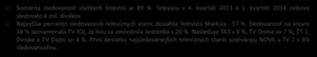 TELEVÍZNE STANICE - sledoval(a) včera o o Sumárna sledovanosť všetkých televízií je 89 %. Televíziu v 4. kvartáli 213 a 1.