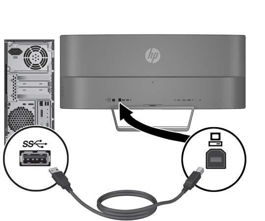 3. Pripojte kábel USB upstream k portu USB upstream na zadnej strane monitora, a druhý