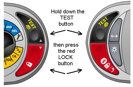 Podržte stlačené tlačidlo TEST potom stlačte červené tlačidlo uzamknutia Ak chcete uzamknutý test izolácie odomknúť, stlačte tlačidlo TEST.