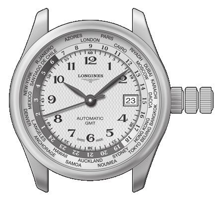 Samonaťahovacie hodinky L635 24 ČASOVÝCH PÁSIEM 345 Hodinová ručička 24-hodinový otočný krúžok Minútová ručička Krúžok s názvami miest Sekundová ručička 1 2 3 Okienko na zobrazenie dátumu L635 24