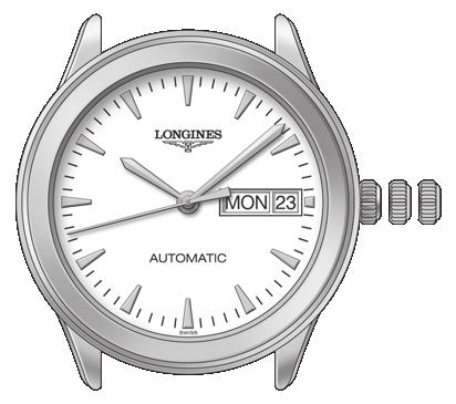 Samonaťahovacie hodinky L636, L897 347 Hodinová ručička Minútová ručička Hodinová ručička Minútová ručička Sekundová ručička 1 2 3 Okienko na zobrazenie dňa a dátumu Sekundová ručička 1 2 3 Okénko na