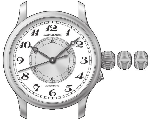 352 L699 THE LONGINES WEEMS SECOND-SETTING WATCH Samonaťahovacie hodinky Hodinová ručička Minútová ručička Sekundová ručička Stredový otočný číselník A 1 2 3 Tlačidlo na otvorenie zadnej strany