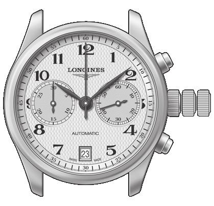 Samonaťahovacie chronografy L650, L651 371 Sekundová ručička chronografu Hodinová ručička 30-minútový ukazovateľ 12-hodinovvý ukazovateľ Okienko na zobrazenie dátumu L650 A Minútová ručička Malá