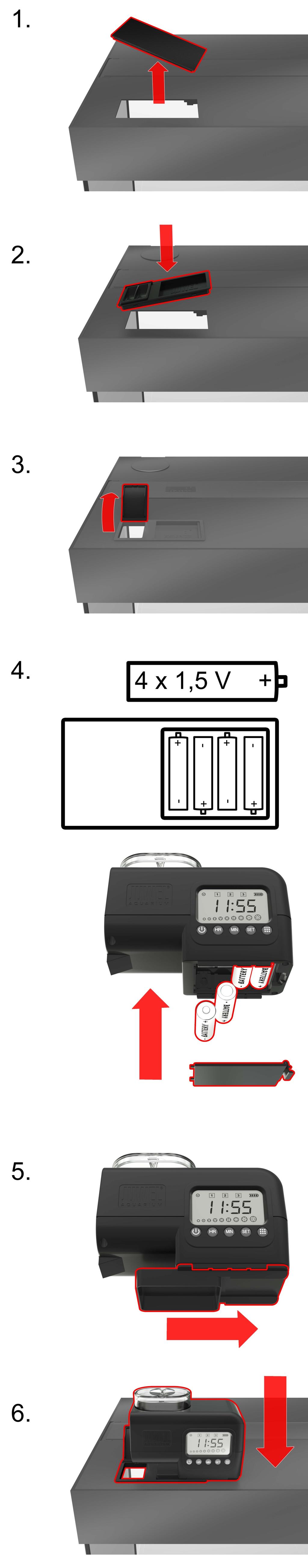 1. Najprv odstráňte veko, ktoré uzatvára otvor pre váš automat na kŕmenie JUWEL SmartFeed v kryte (pokiaľ je k dispozícii). 2. Do otvoru umiestnite dodávanú upínaciu misku. 3.