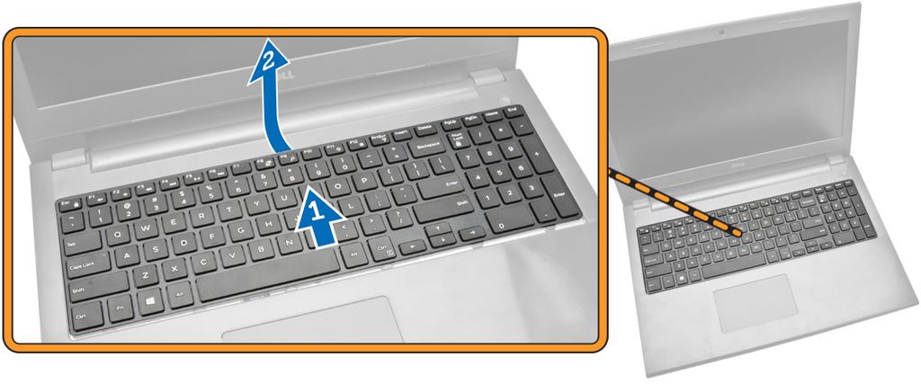 3. Vykonajte nasledujúce kroky podľa ilustrácie: a. Vysuňte klávesnicu z počítača [1]. b.