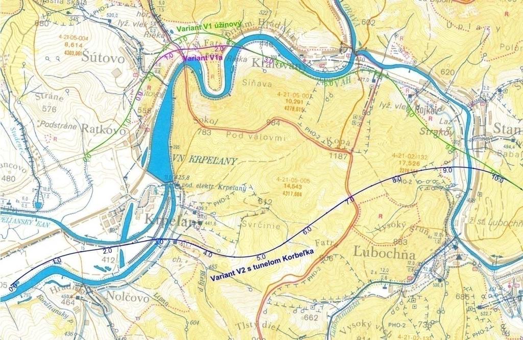 Obr. 3 Prehľadná situácia územia s načrtnutou aktuálnou trasou tunela Korbeľka (výrez z vodohospodárskej mapy) Fig.