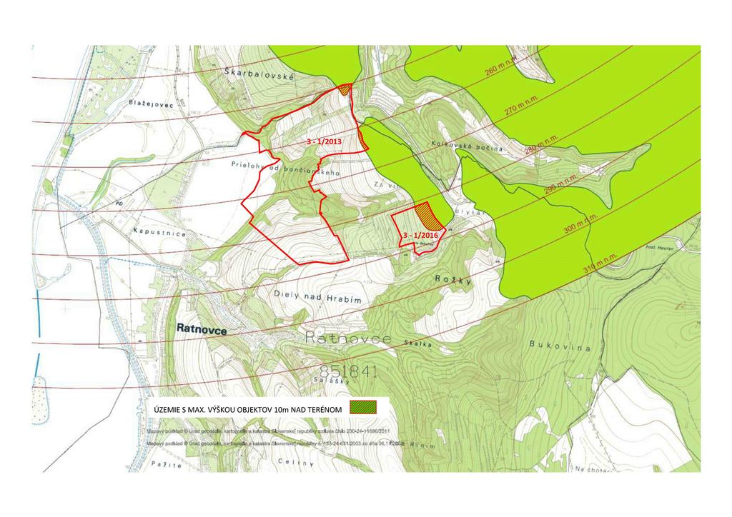 V časti lokality 3-1/2013 a 3-1/2016 (v prílohe vyznačené červenou farbou) terén presahuje výšky stanovené ochranným pásmom kužeľovej plochy Letiska Piešťany, tzn.