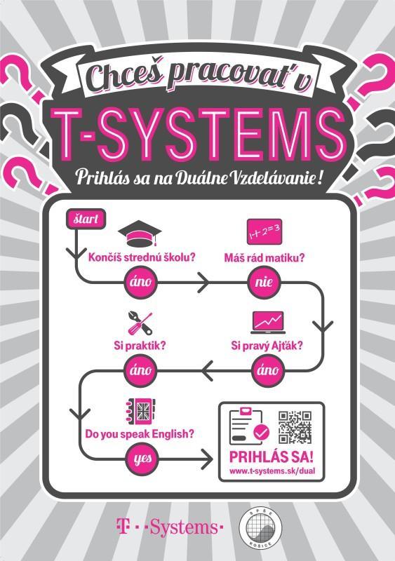 Počítačové systémy v rámci pomaturitného štúdia Duálne vzdelávanie (3-ročné) ponúkame v úzkej spolupráci so spoločnosťou T-Systems Slovakia.