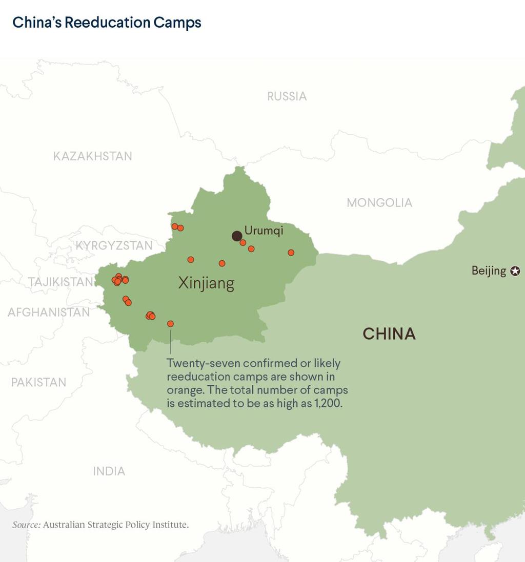 Pracovné tábory na kultúrnu prevýchovu Ujgurov Zadržaných približne 5% obyvateľov (1 milión obyvateľov). Väčšina zadržaných sú Ujguri kvôli podpore terorizmu.