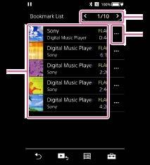 Obrazovka zoznamu záložiek Môžete si vypočuť skladby, ktoré ste zaregistrovali do zoznamu záložiek vopred. Môžete pridať skladby do zoznamov záložiek na obrazovke prehrávania atď.