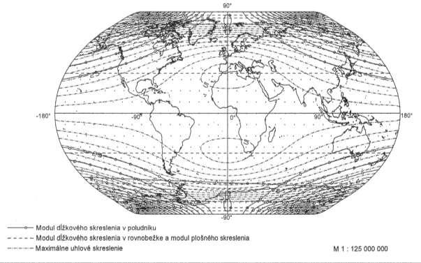 Obr.2 Mapa sveta a izočiary skreslení