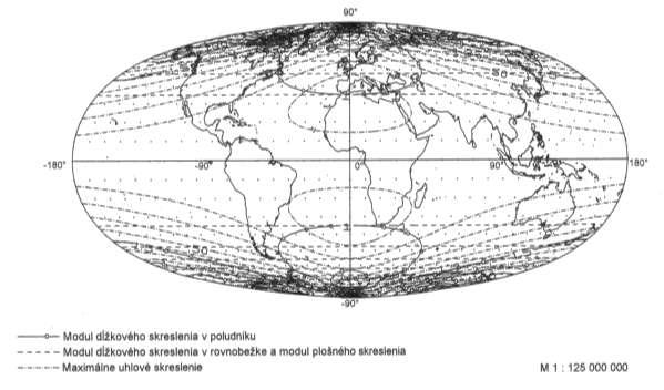 Obr.3 Mapa sveta a izočiary skreslení